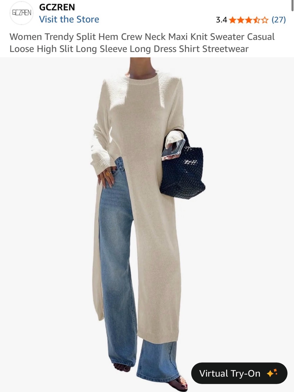 Long Cream Split-Hem Knit Maxi Dress with Crew Neck